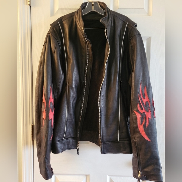 Mens Black Red Fiery Flames Leather Motorcycle Jacket XL 50 - Picture 3 of 4
